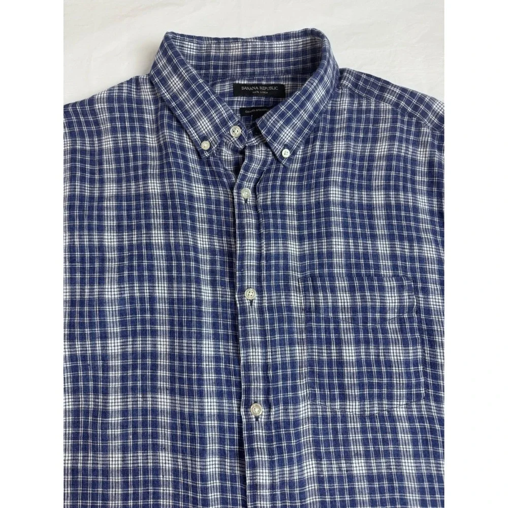Banana Republic Mens XL Blue Plaid 100% Linen Short Sleeve Shirt Camden Fit